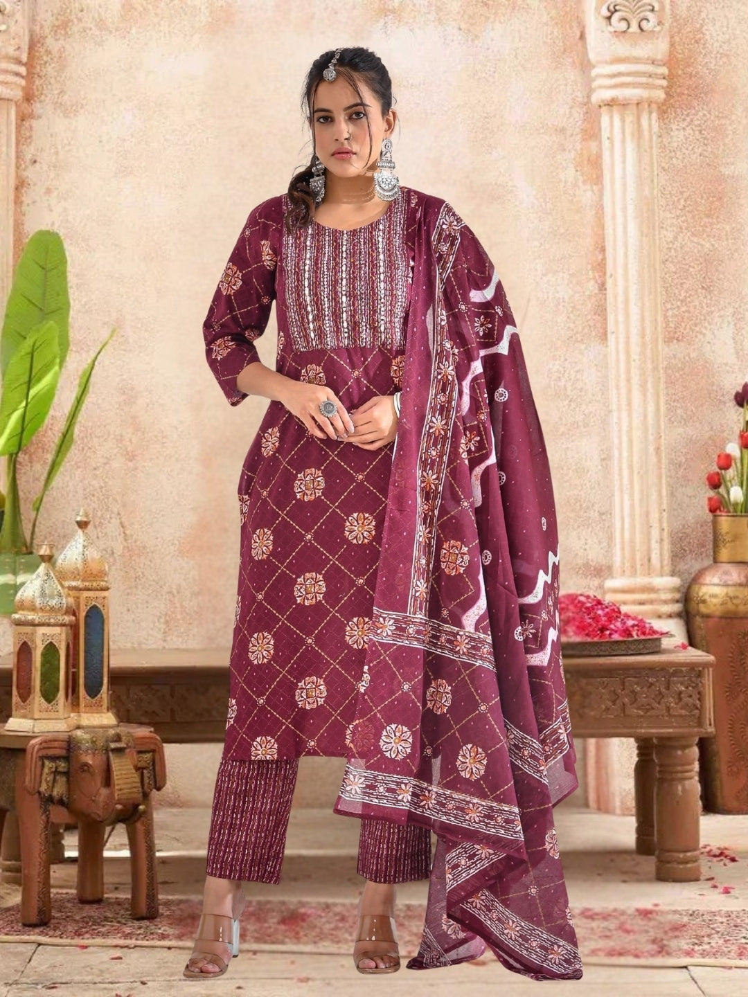Maroon Bandhani Printed Kurta Set With Embroidered Yoke & Dupatta