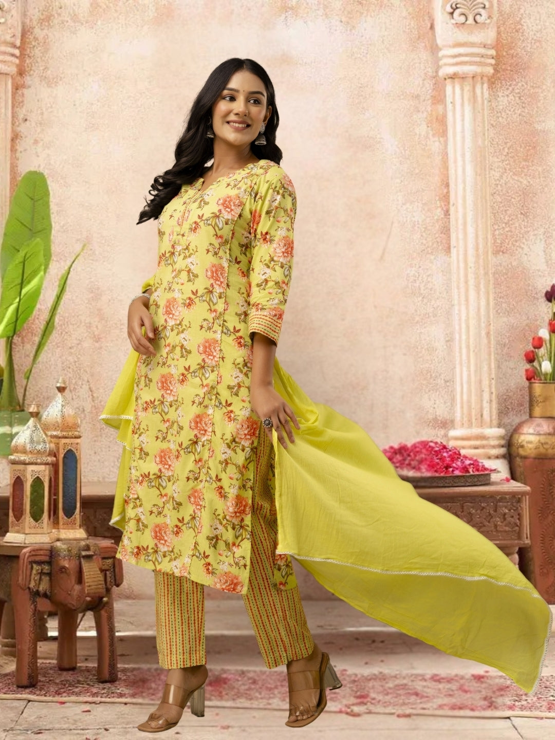 Floral Printed Yellow Kurta Set With Dupatta