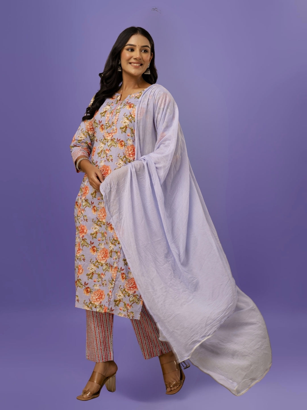 Lilac Bloom Floral Kurta Set With Dupatta