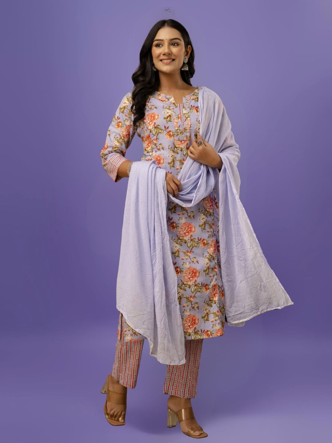 Lilac Bloom Floral Kurta Set With Dupatta