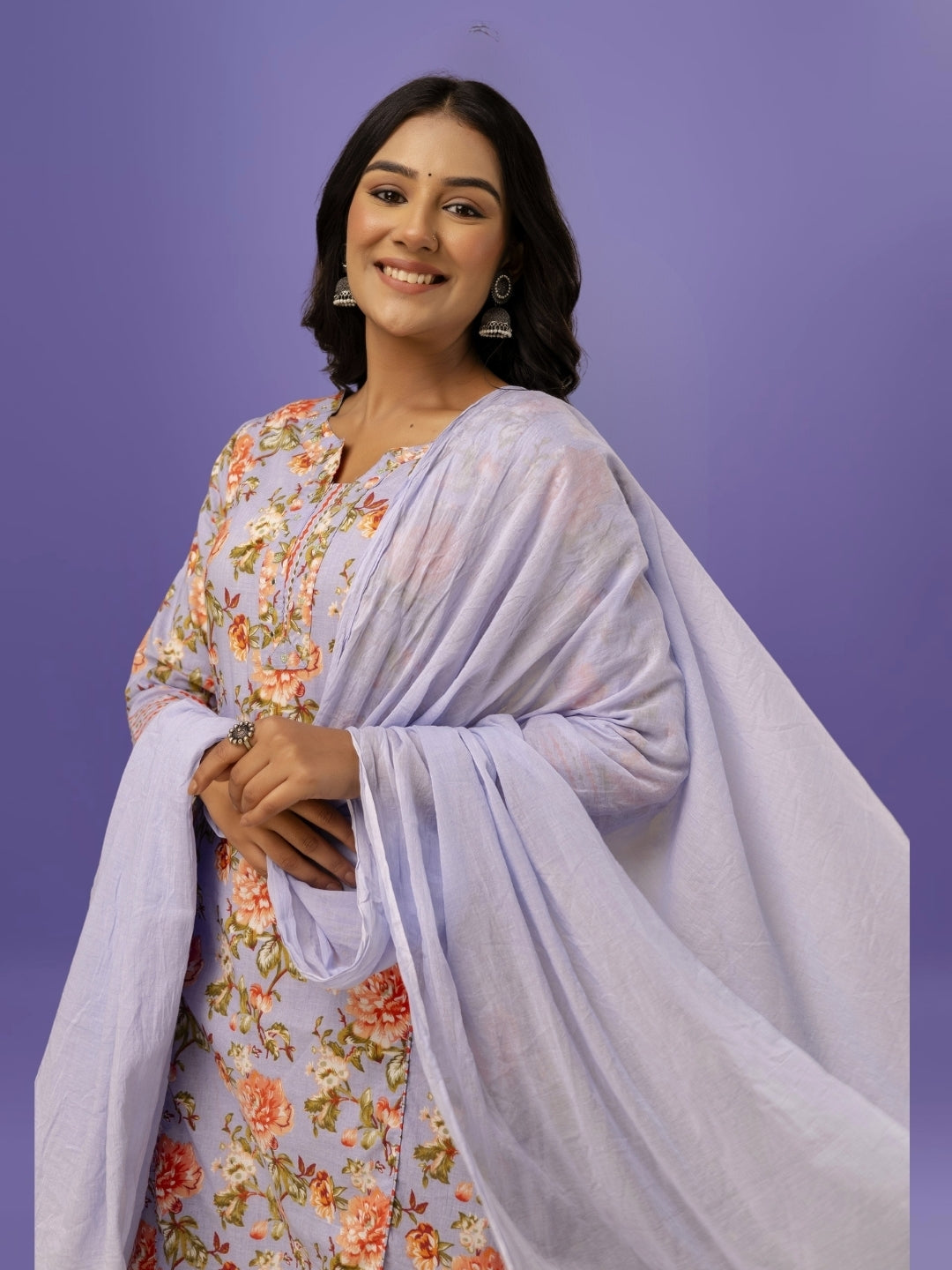 Lilac Bloom Floral Kurta Set With Dupatta