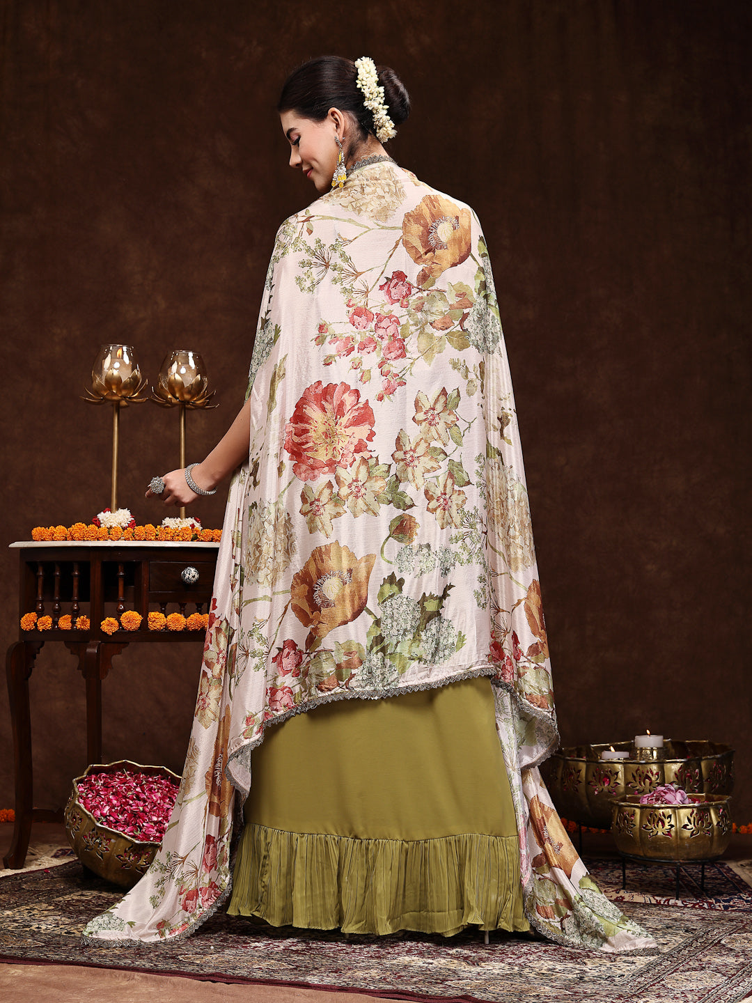 Mehandi Printed Party Wear Georgette Skirt & Blouse With Jacket