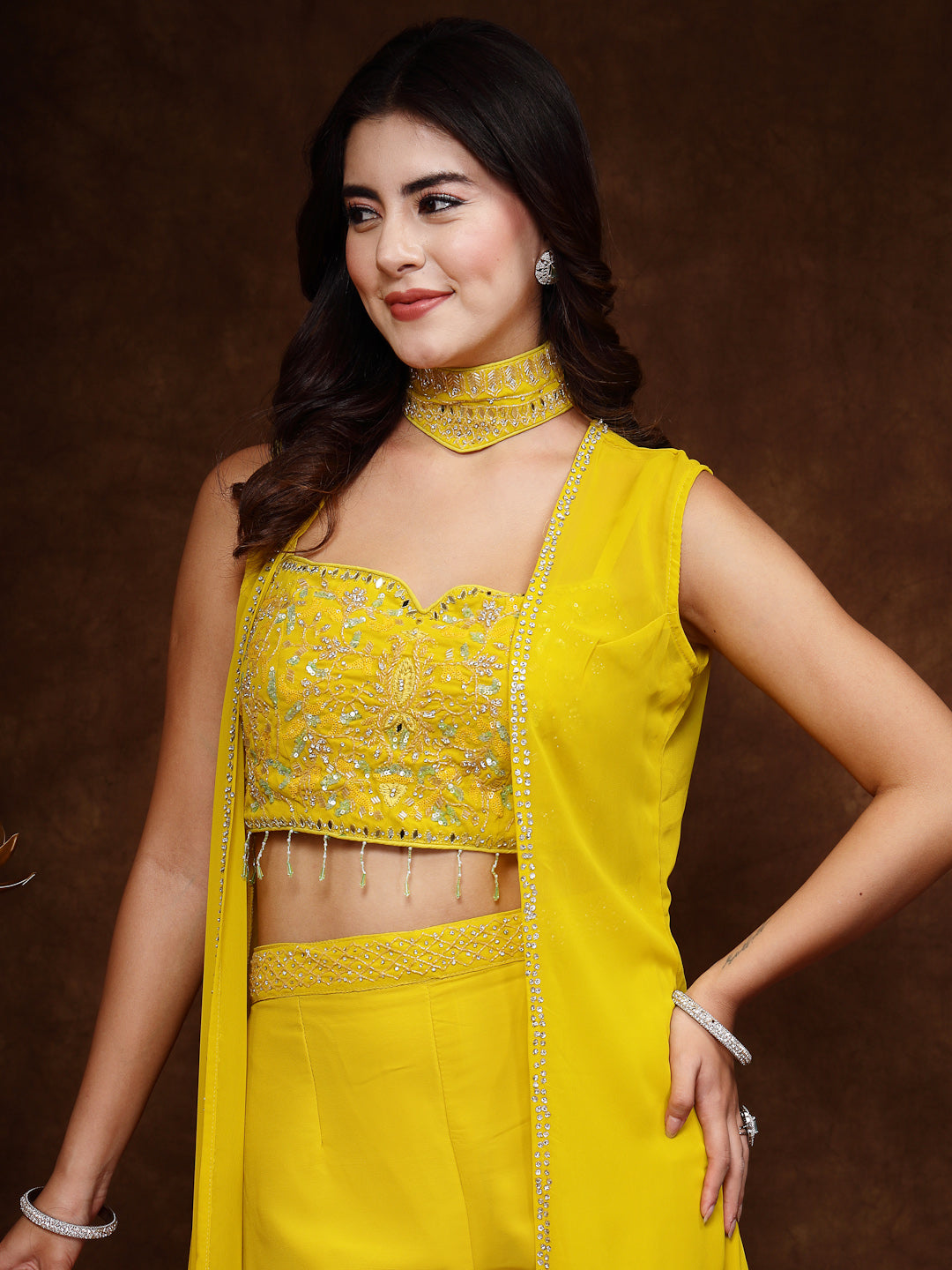 Mustard Embellished Party Wear Georgette Palazzo & Blouse With Jacket