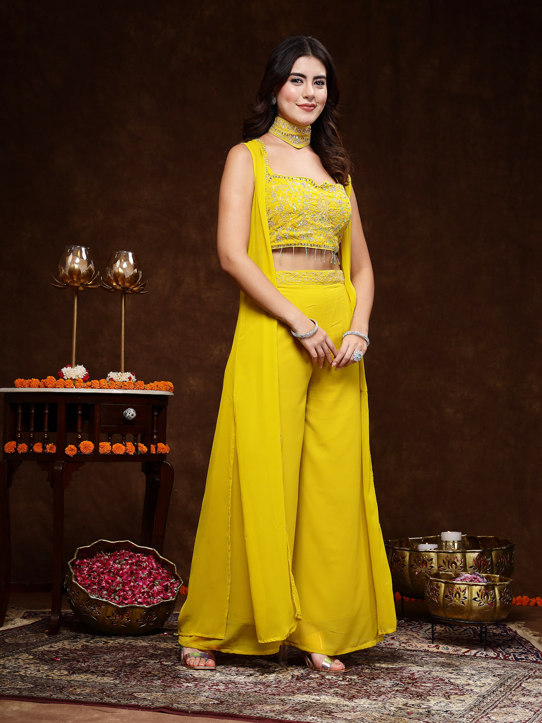 Mustard Embellished Party Wear Georgette Palazzo & Blouse With Jacket