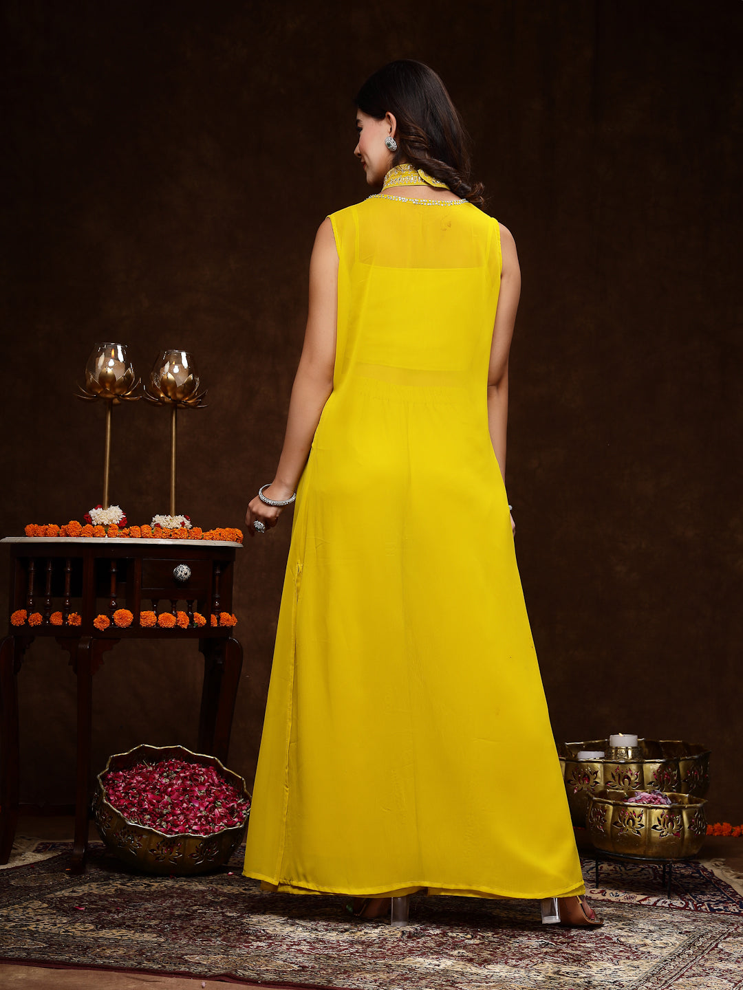 Mustard Embellished Party Wear Georgette Palazzo & Blouse With Jacket