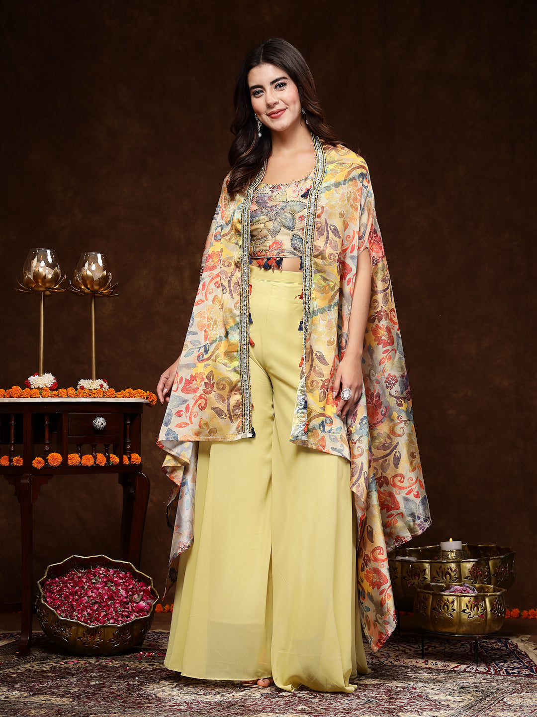 Beige Printed Party Wear Georgette Palazzo & Blouse With Jacket