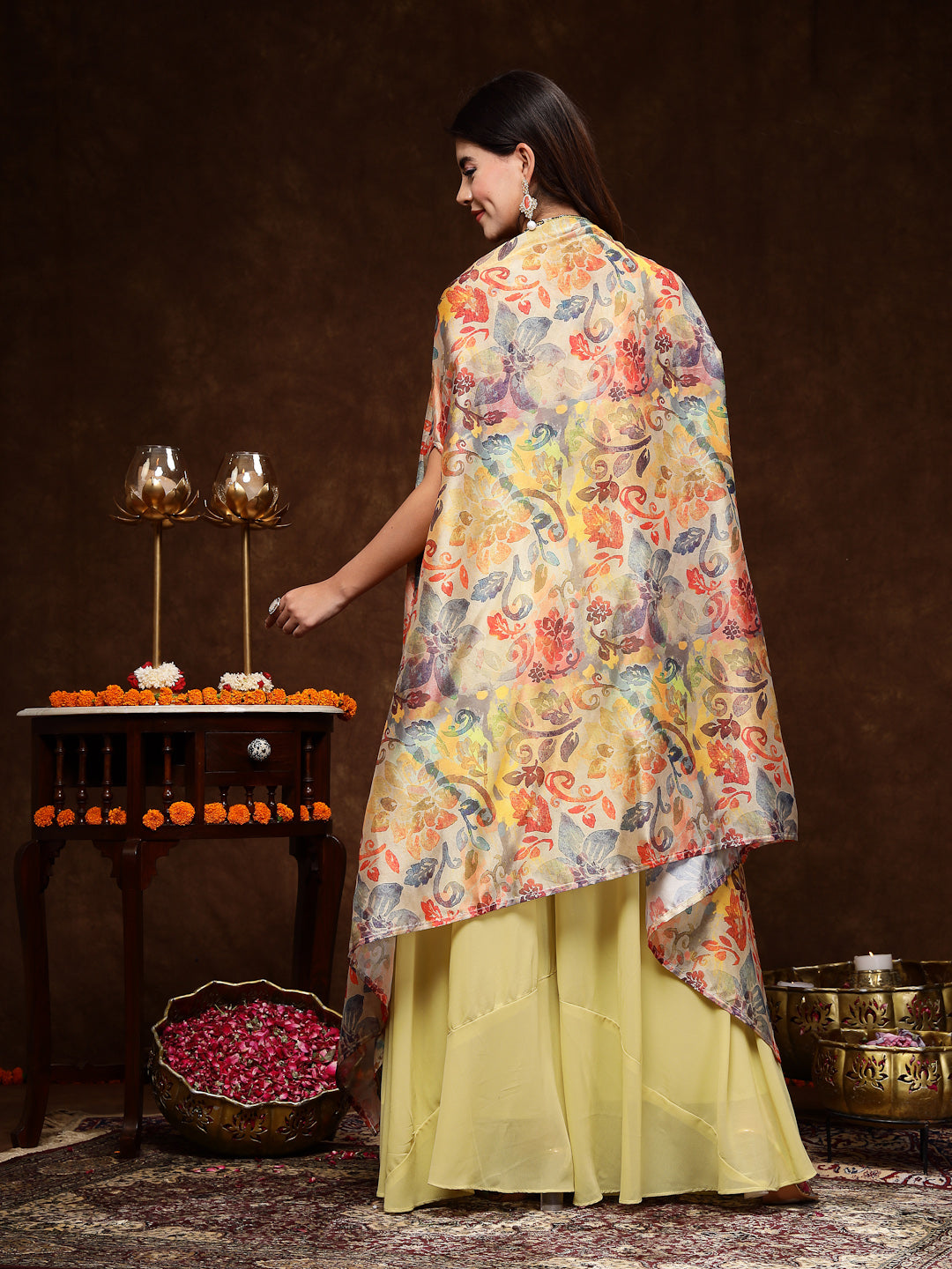 Beige Printed Party Wear Georgette Palazzo & Blouse With Jacket (Pre-Order)