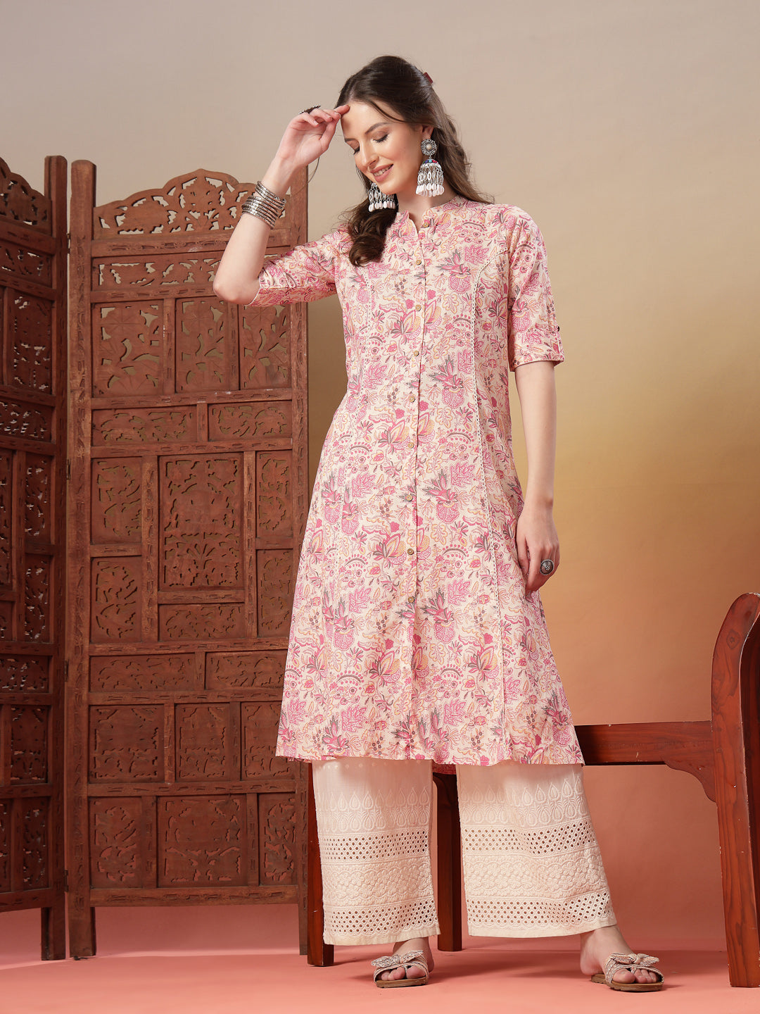 Pink Floral Printed Rayon A-Line Kurta