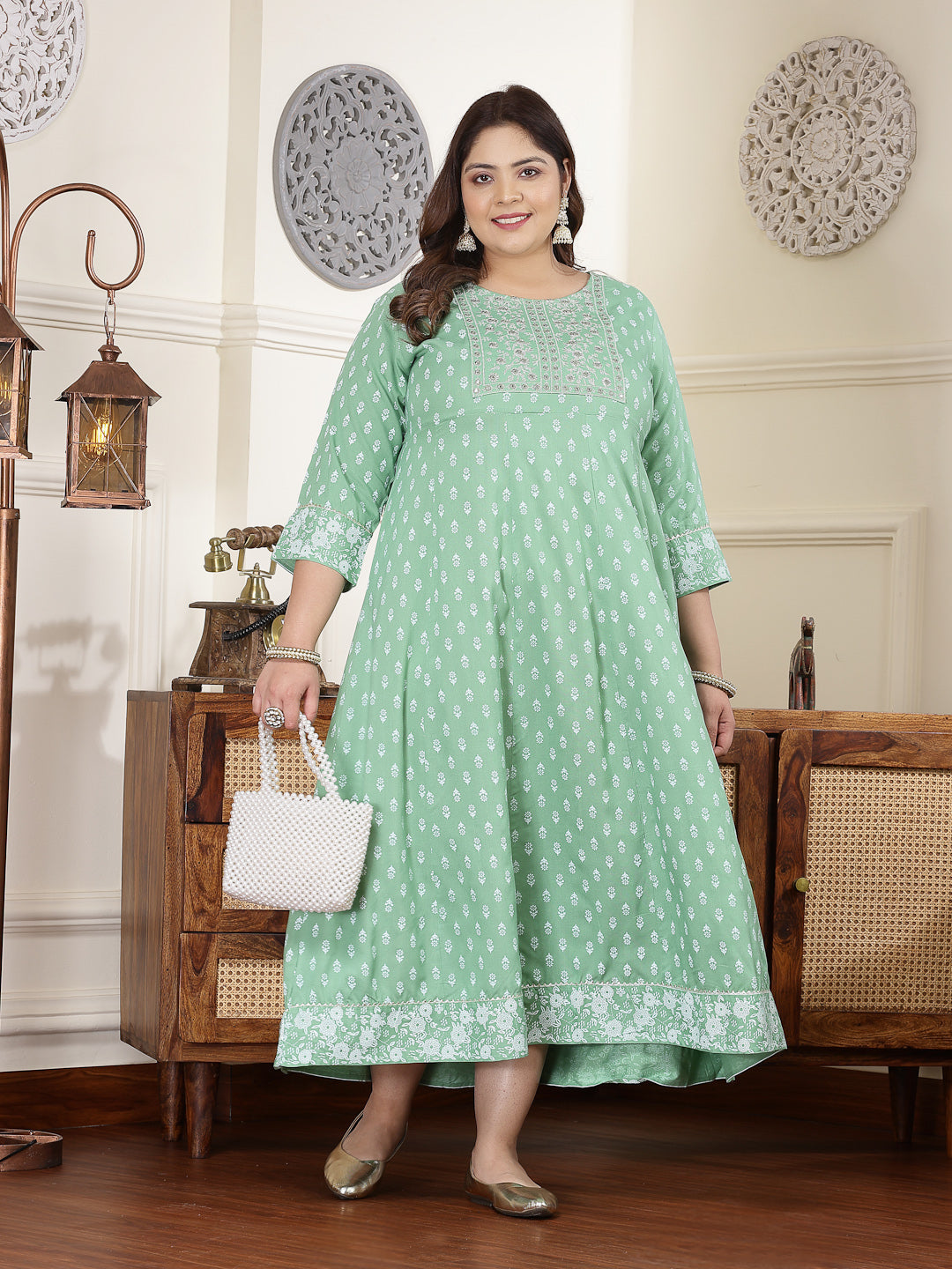 Plus Size Printed & Embroidered Rayon Anarkali Kurta