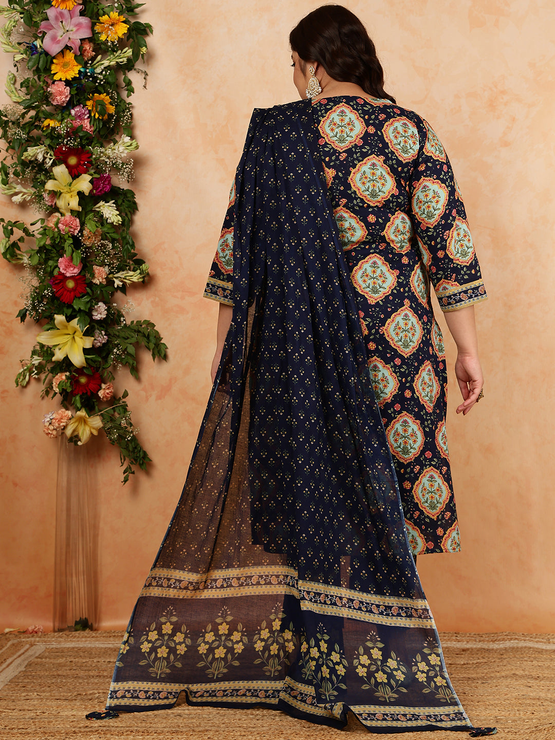 Cotton Calf Length Printed Straight 3/4 Sleeves V-Neck Kurta, Bottom With Dupatta