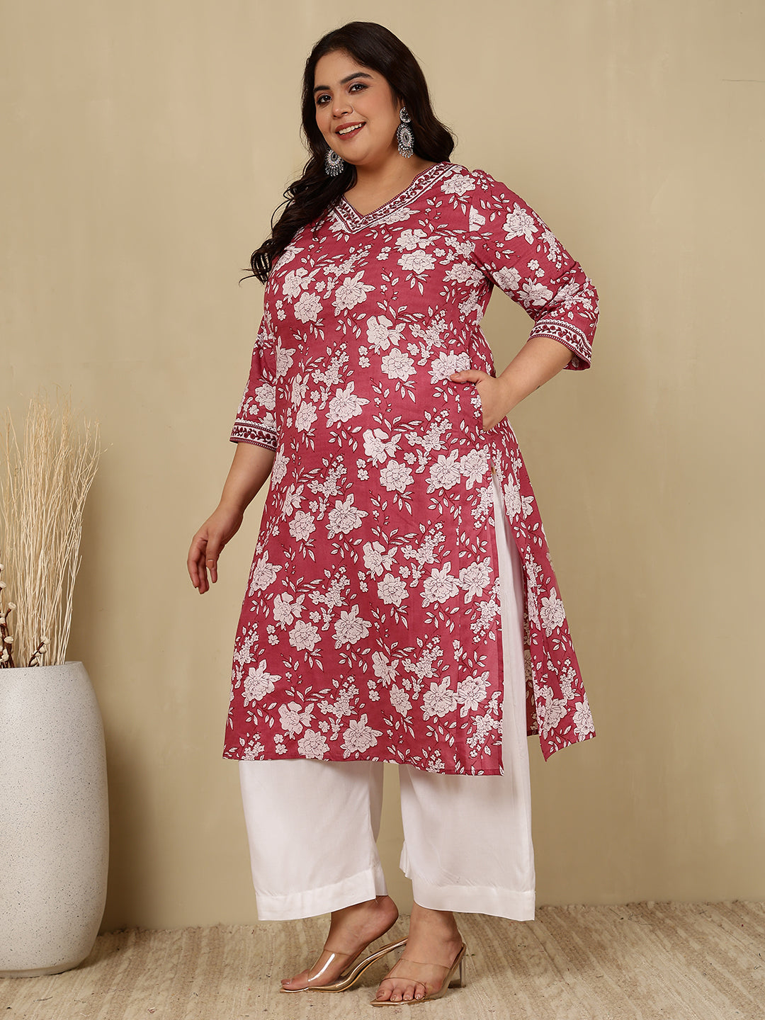 Cotton Calf Length Printed Straight 3/4 Sleeves V-Neck Kurta