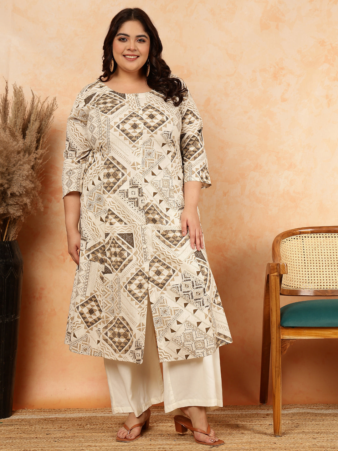 Cotton Flex Calf Length Printed A-Line 3/4 Sleeves Round Kurta