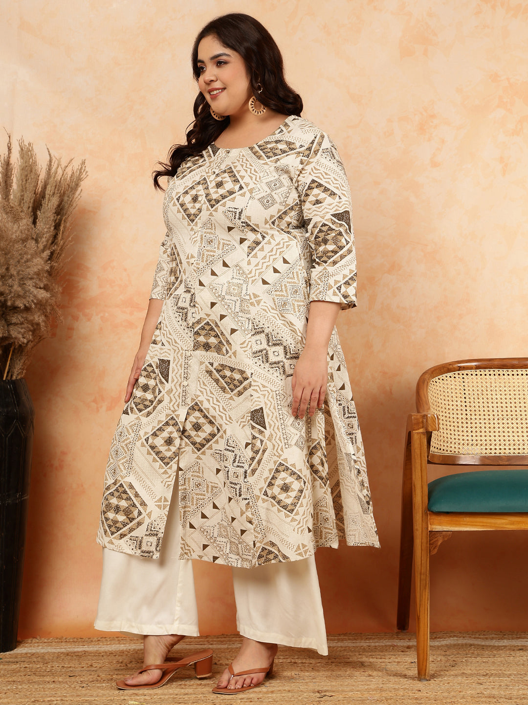 Cotton Flex Calf Length Printed A-Line 3/4 Sleeves Round Kurta