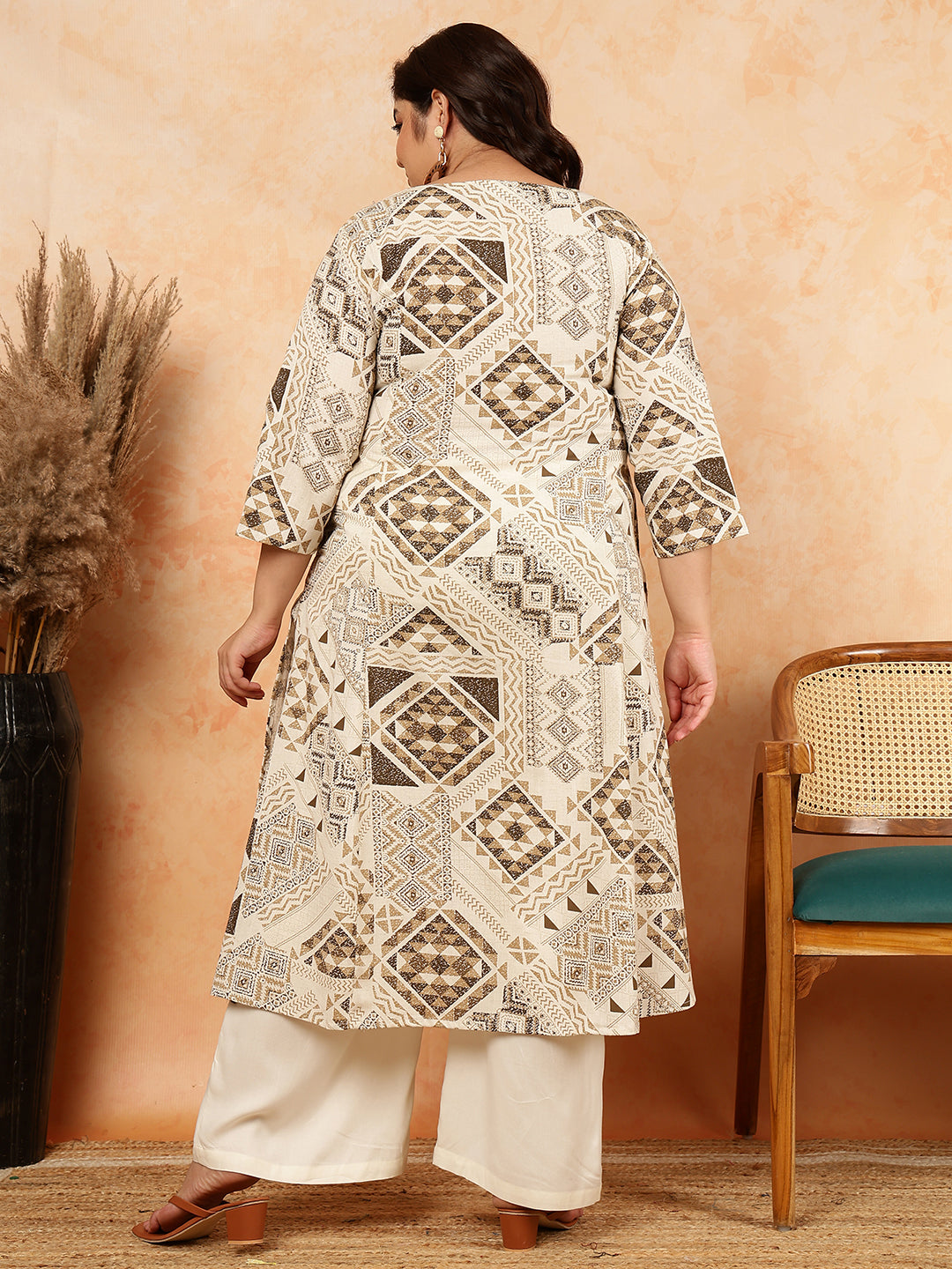 Cotton Flex Calf Length Printed A-Line 3/4 Sleeves Round Kurta