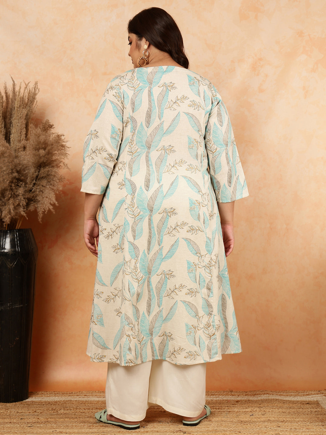 Cotton Flex Calf Length Printed A-Line 3/4 Sleeves Round Kurta