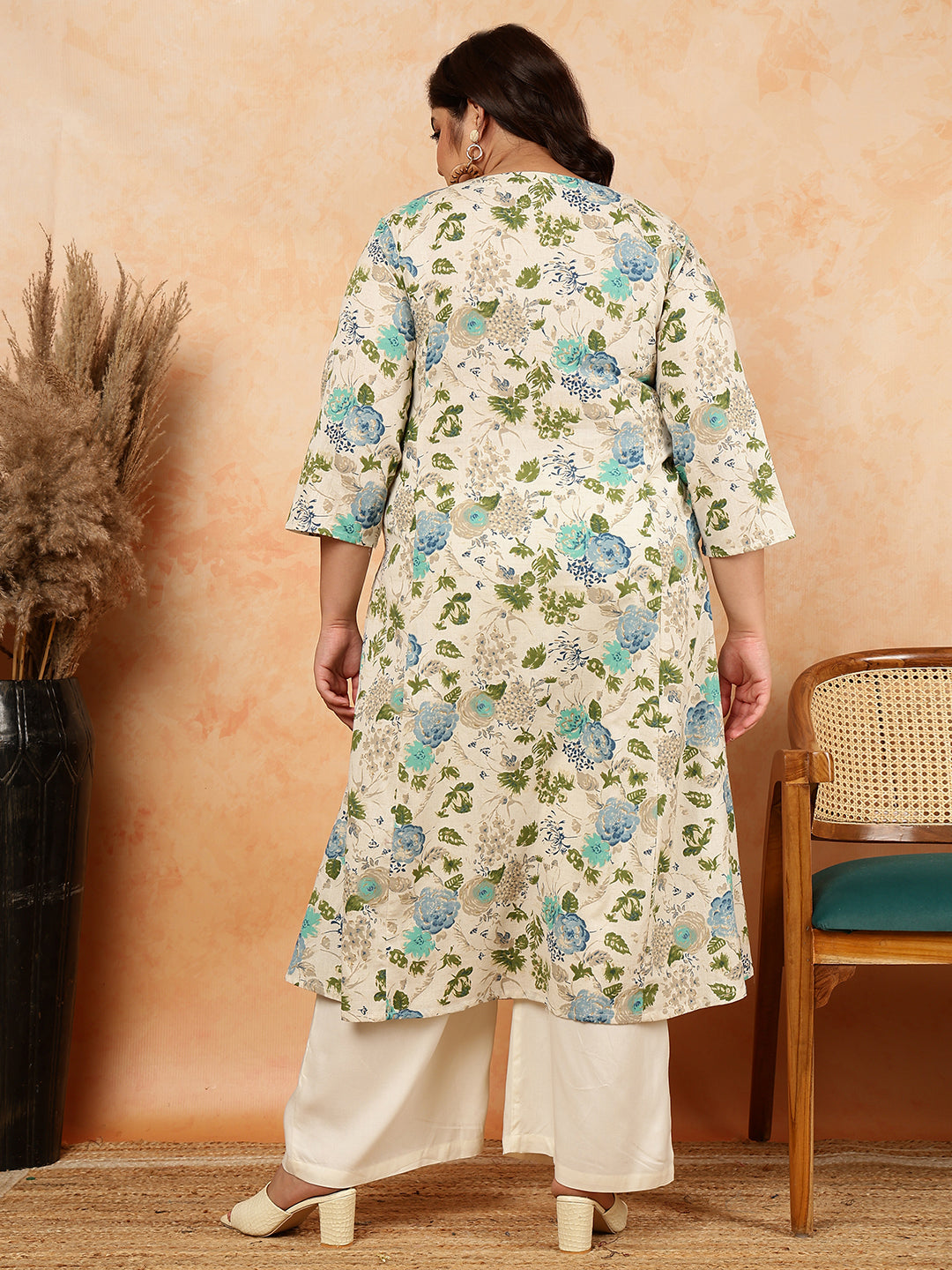 Cotton Flex Calf Length Printed A-Line 3/4 Sleeves Round Kurta