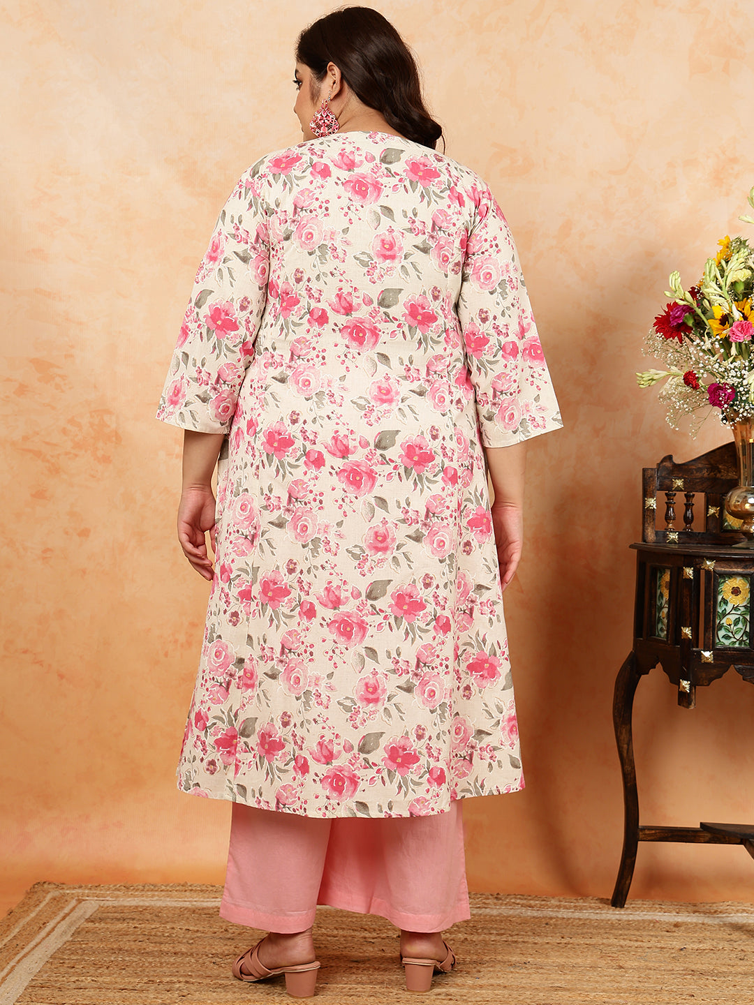Cotton Flex Calf Length Printed A-Line 3/4 Sleeves Round Kurta