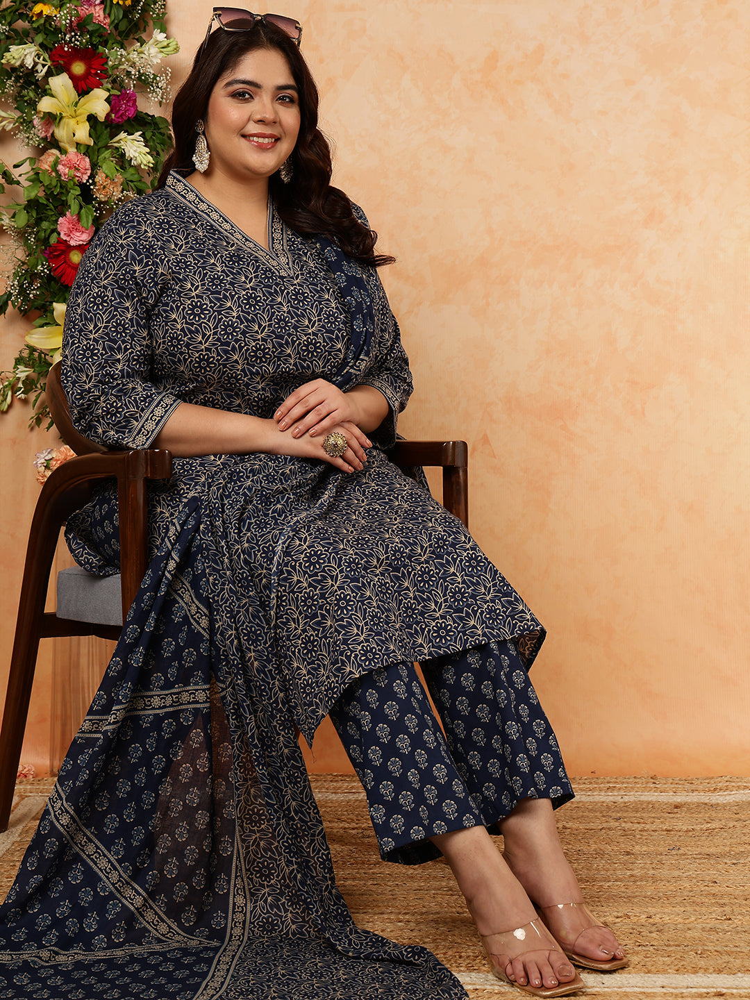 Cotton Calf Length Printed Straight 3/4 Sleeves V-Neck Kurta, Bottom With Dupatta