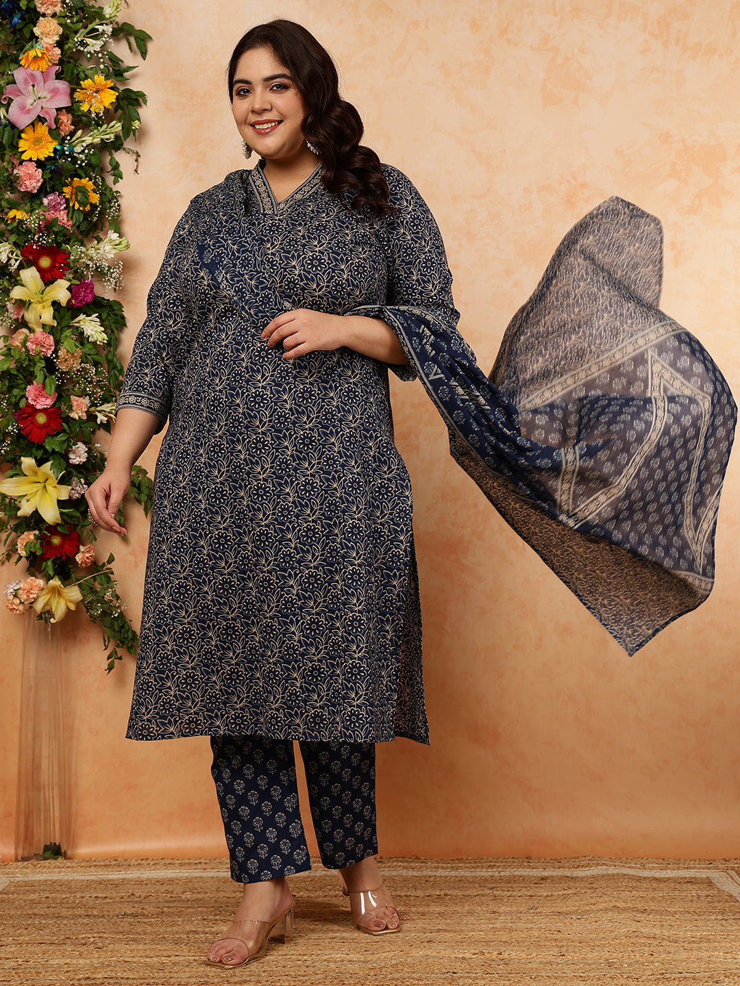 Cotton Calf Length Printed Straight 3/4 Sleeves V-Neck Kurta, Bottom With Dupatta