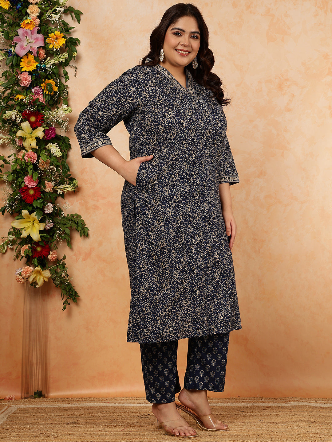 Cotton Calf Length Printed Straight 3/4 Sleeves V-Neck Kurta, Bottom With Dupatta