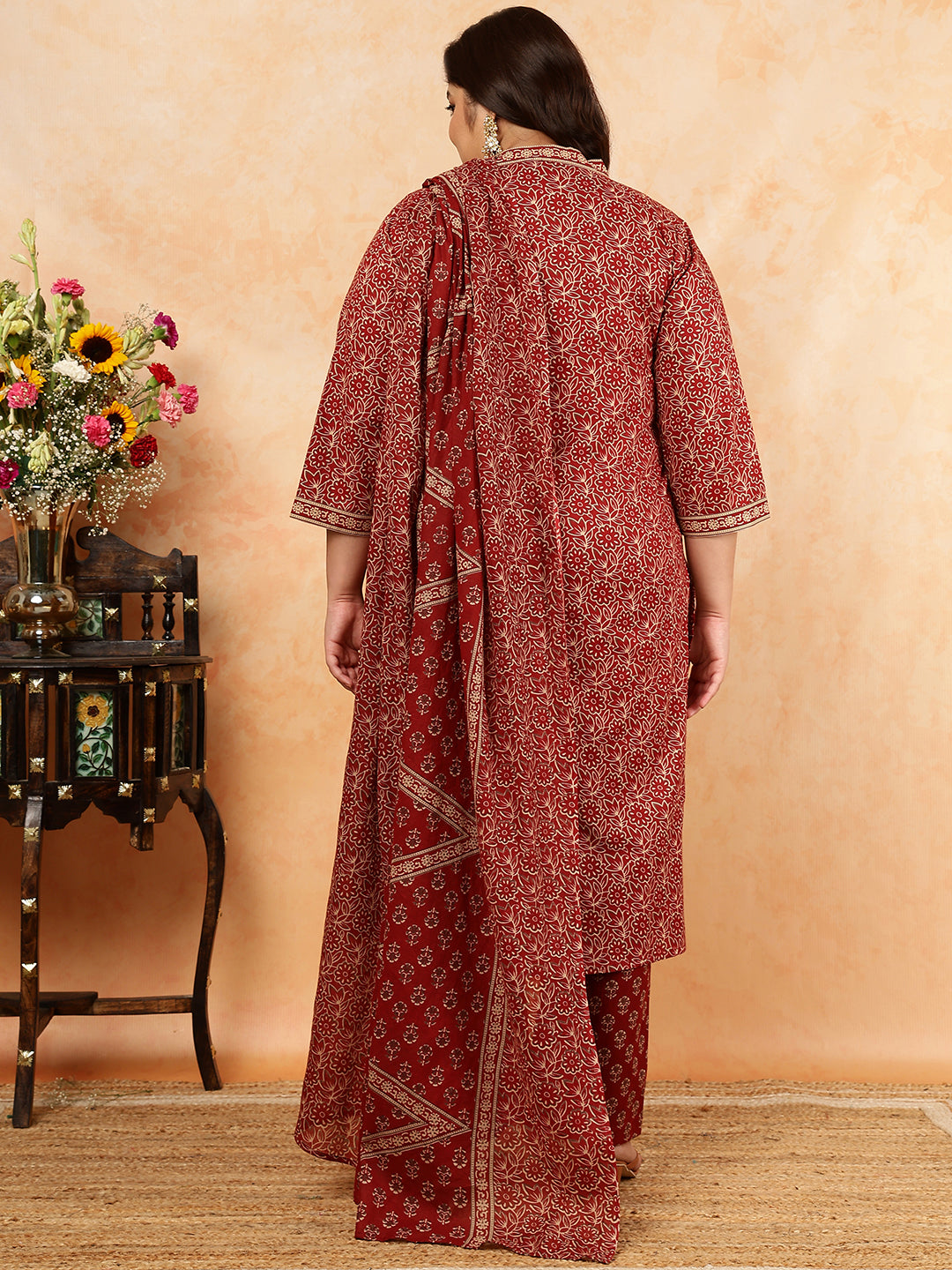 Cotton Calf Length Printed Straight 3/4 Sleeves V-Neck Kurta, Bottom With Dupatta (Preorder)