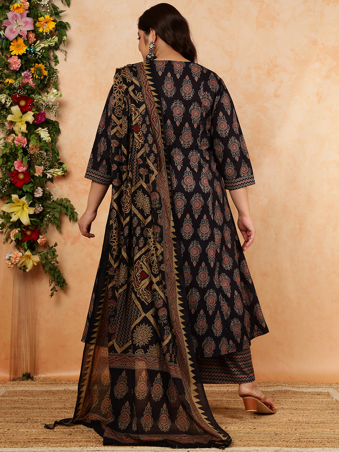 Cotton Calf Length Printed Semi-Flared 3/4 Sleeves V-Neck Kurta, Bottom With Dupatta (Preorder)