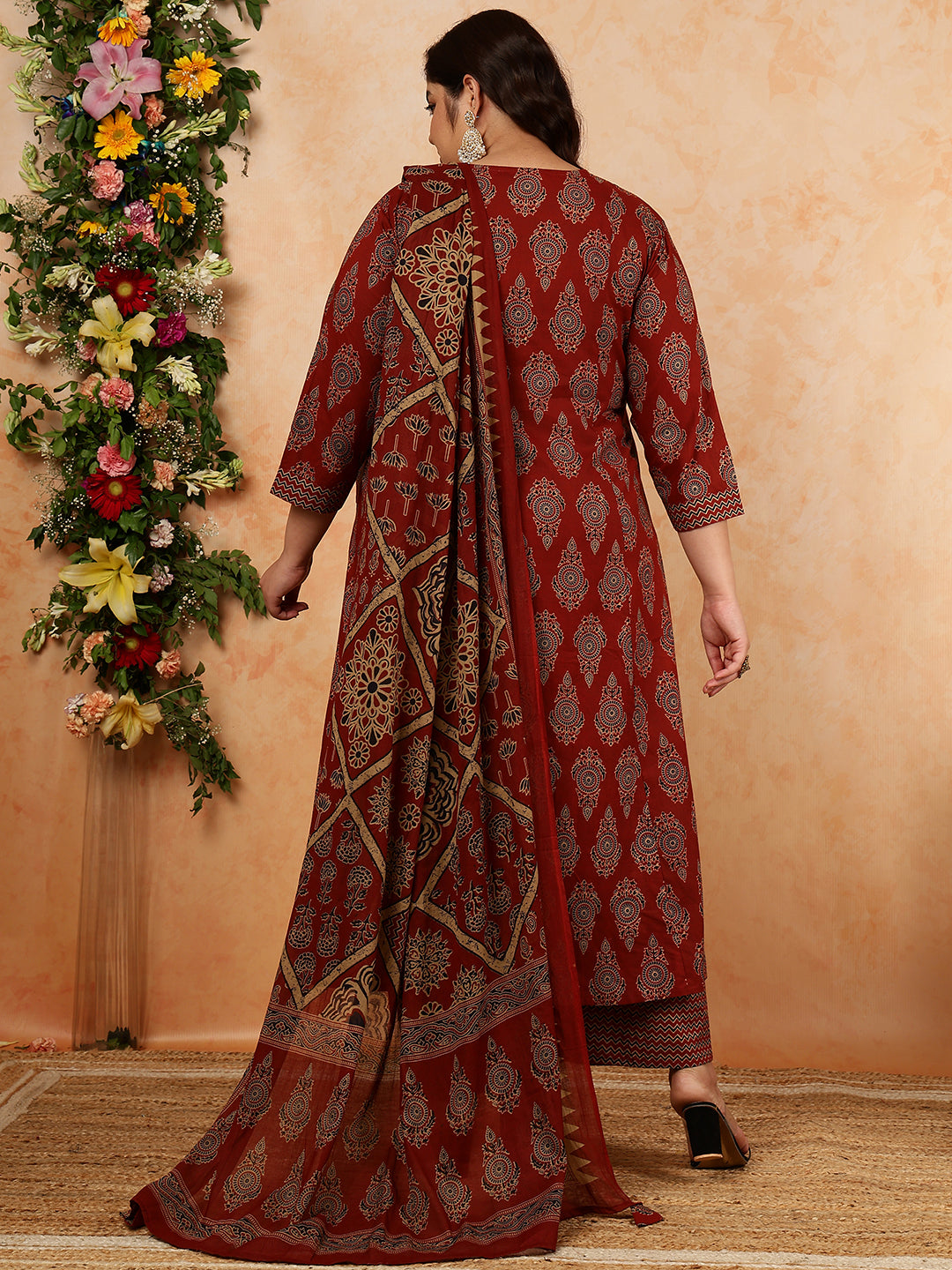 Cotton Calf Length Printed Semi-Flared 3/4 Sleeves V-Neck Kurta, Bottom With Dupatta