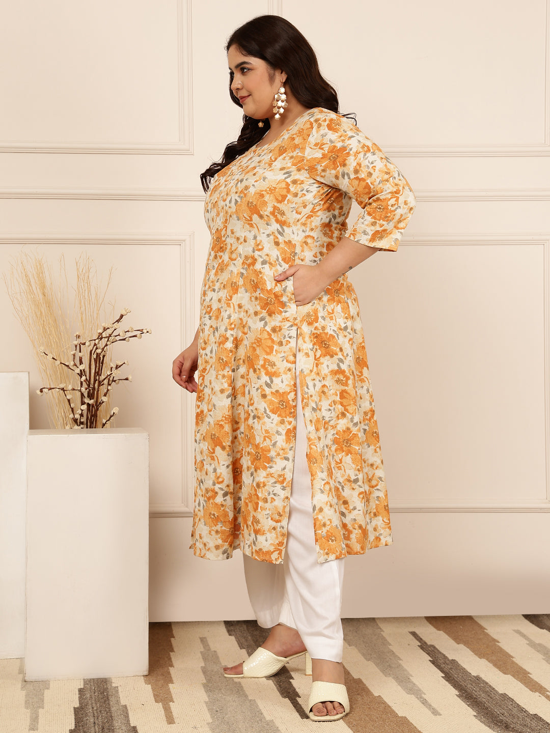 Cotton Flex Flex Calf Length Printed Straight 3/4 Sleeves Round Kurta (Preorder)