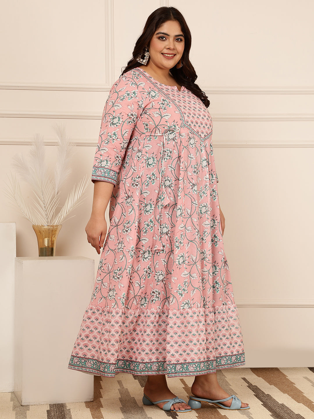 Cotton Calf Length Printed Flared 3/4 Sleeves Round Kurta