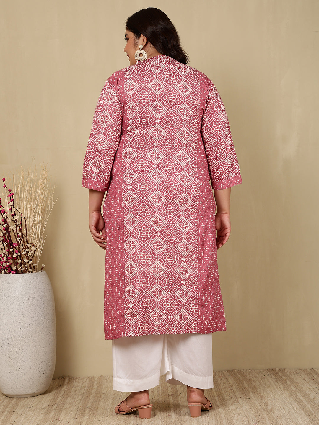 Cotton Calf Length Printed Straight 3/4 Sleeves Mandarin Kurta (Preorder)