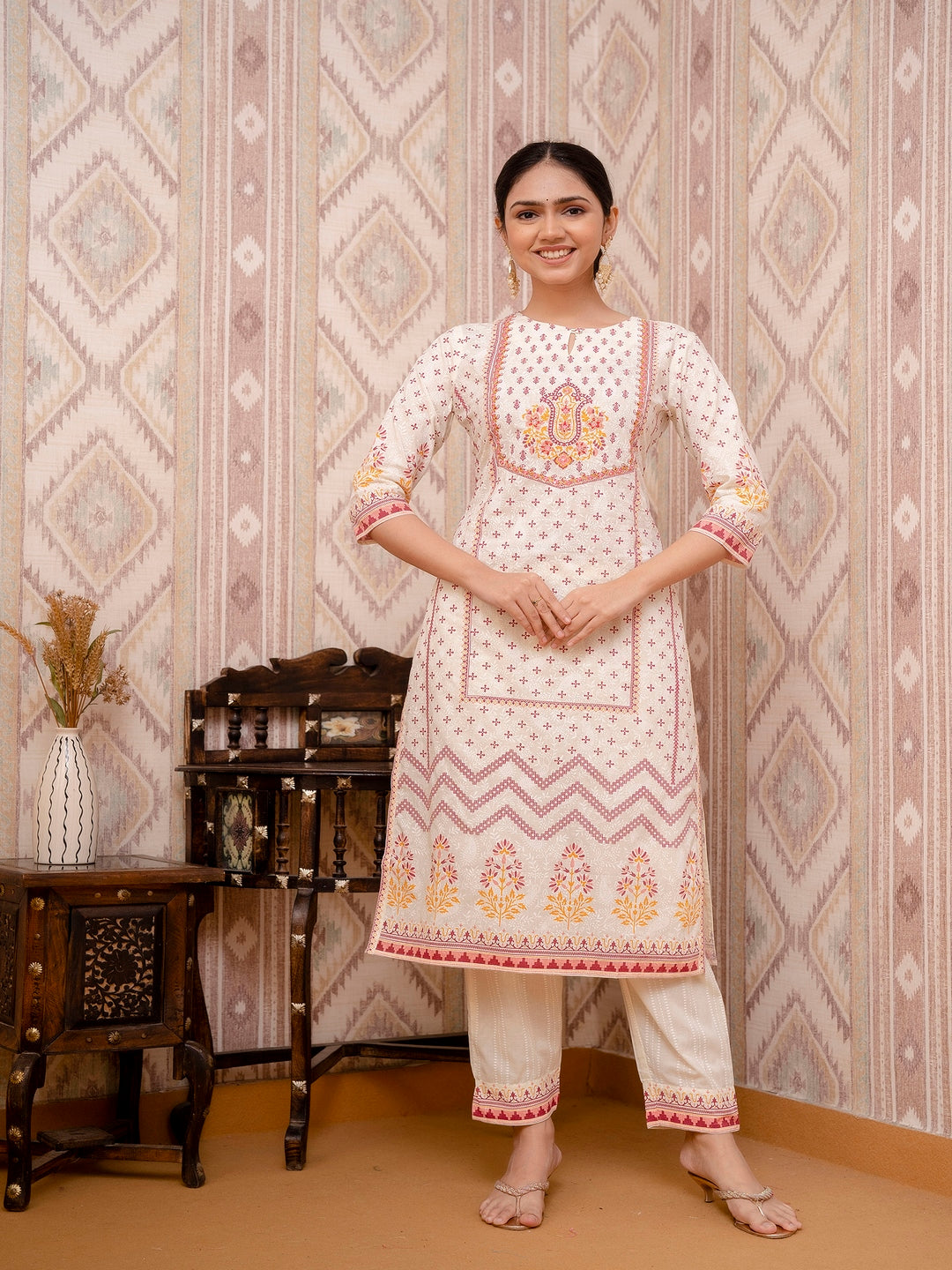 Beige Embroidered Printed Cotton Straight Kurta Set with Dupatta