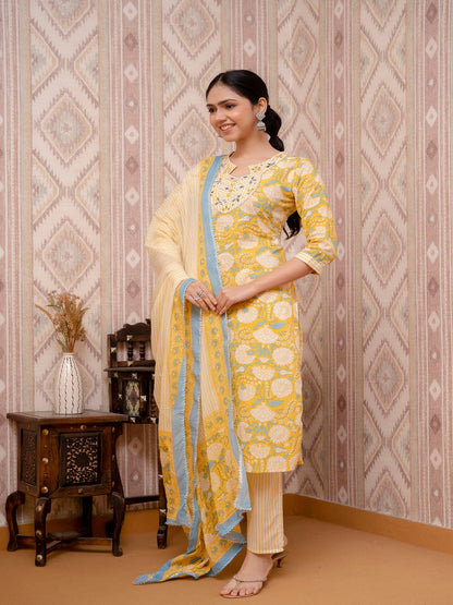 Yellow Embroidered Printed Cotton Straight Kurta Set with Dupatta