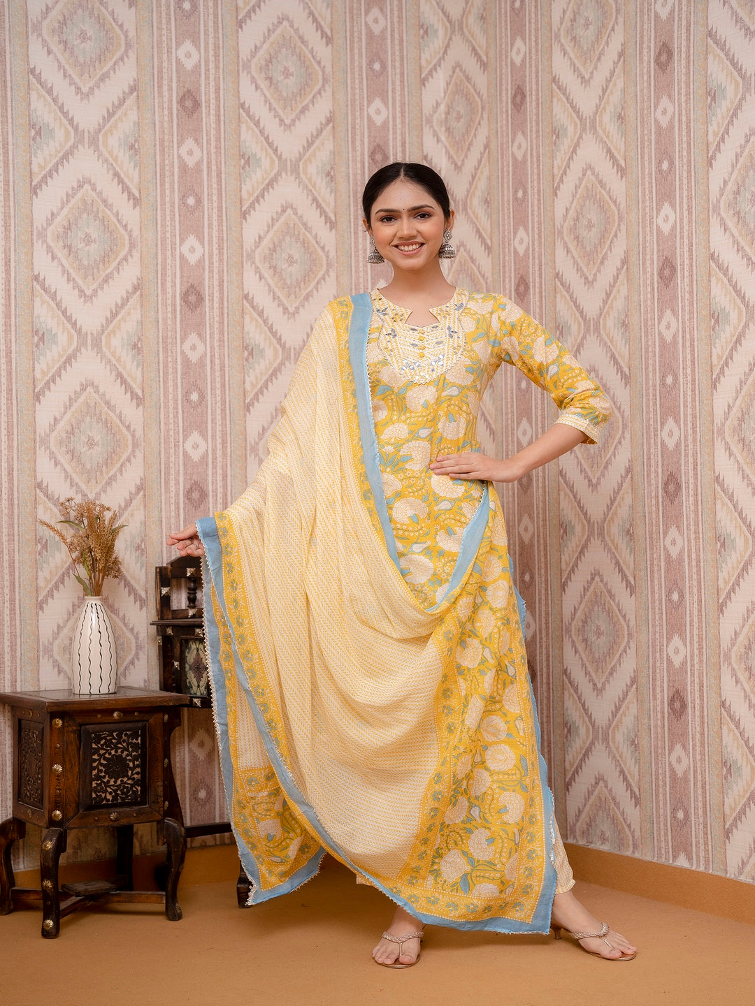 Yellow Embroidered Printed Cotton Straight Kurta Set with Dupatta