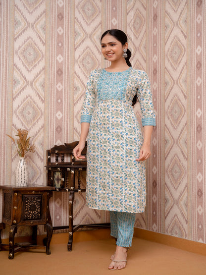 Blue Embroidered Printed Cotton Straight Kurta Set with Dupatta