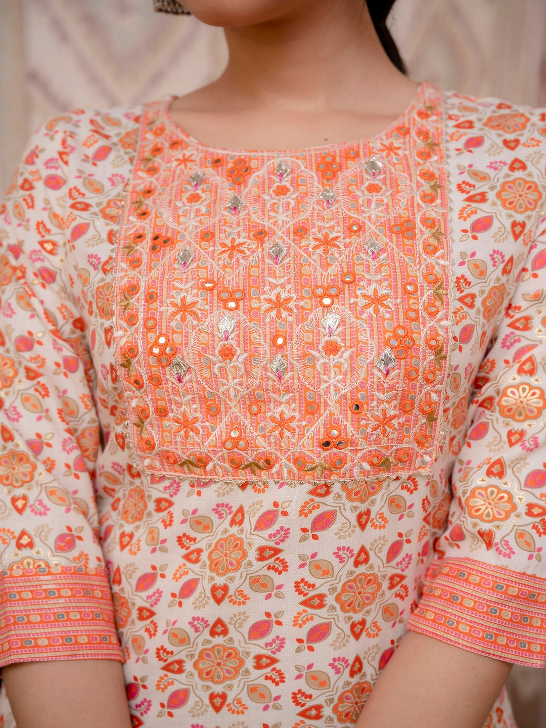 Orange Embroidered Printed Cotton Straight Kurta Set with Dupatta