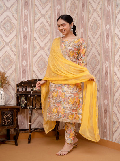 Yellow Printed Cotton Straight Kurta Set With Dupatta