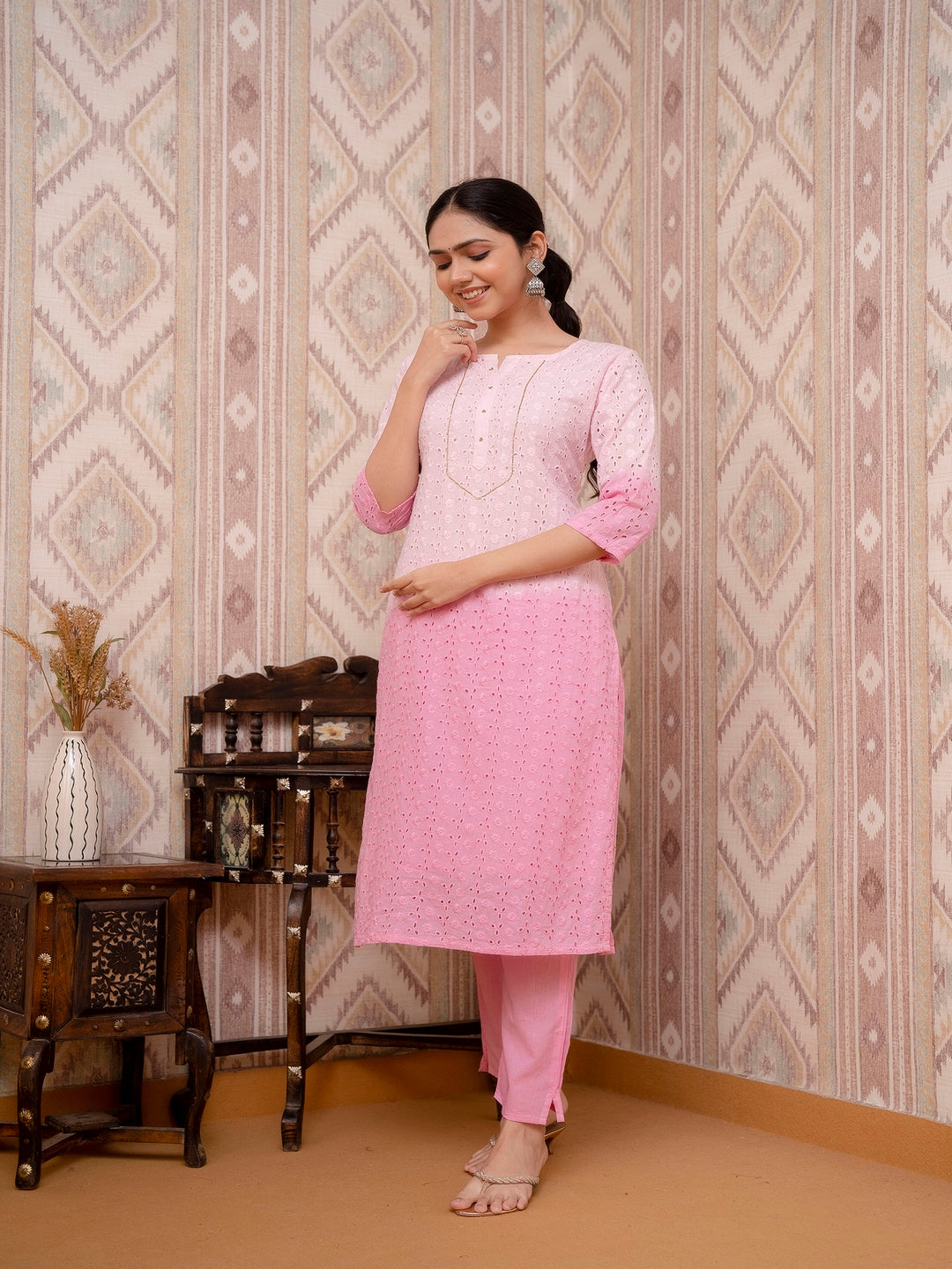 Pink Schiffli Printed Cotton Kurta Straight Set With Dupatta