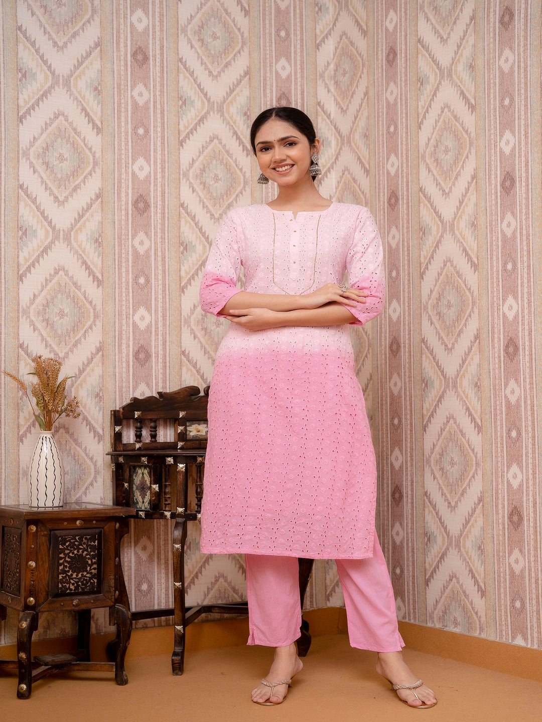 Pink Schiffli Printed Cotton Kurta Straight Set With Dupatta