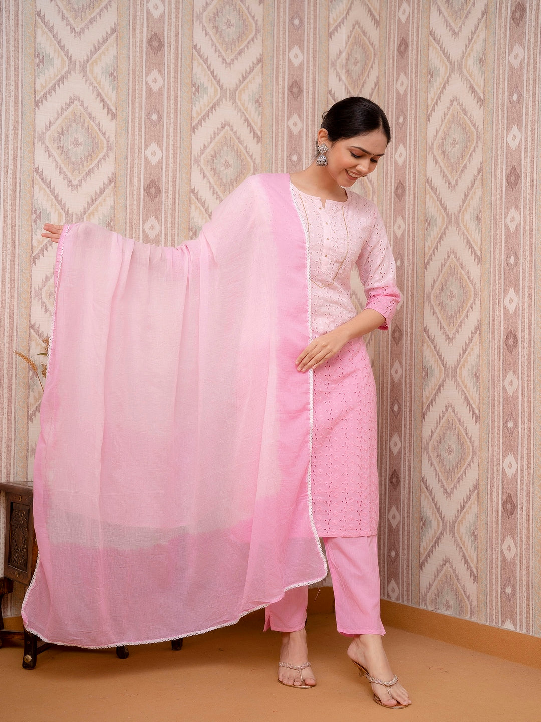 Pink Schiffli Printed Cotton Kurta Straight Set With Dupatta