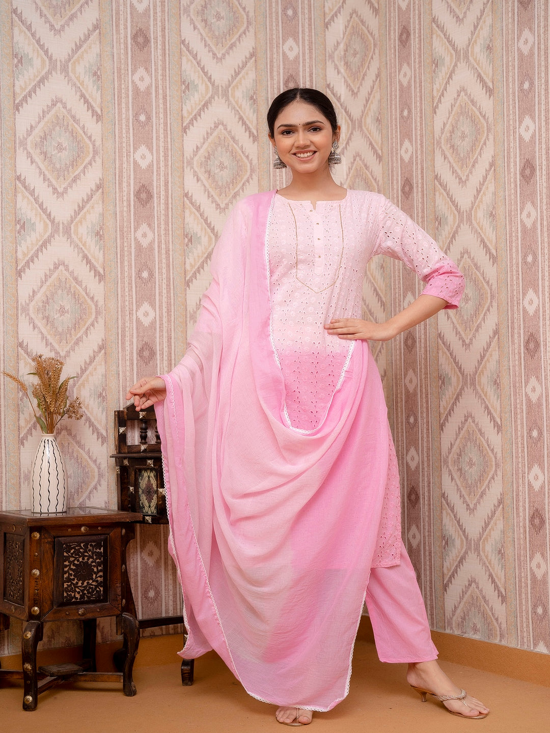 Pink Schiffli Printed Cotton Kurta Straight Set With Dupatta