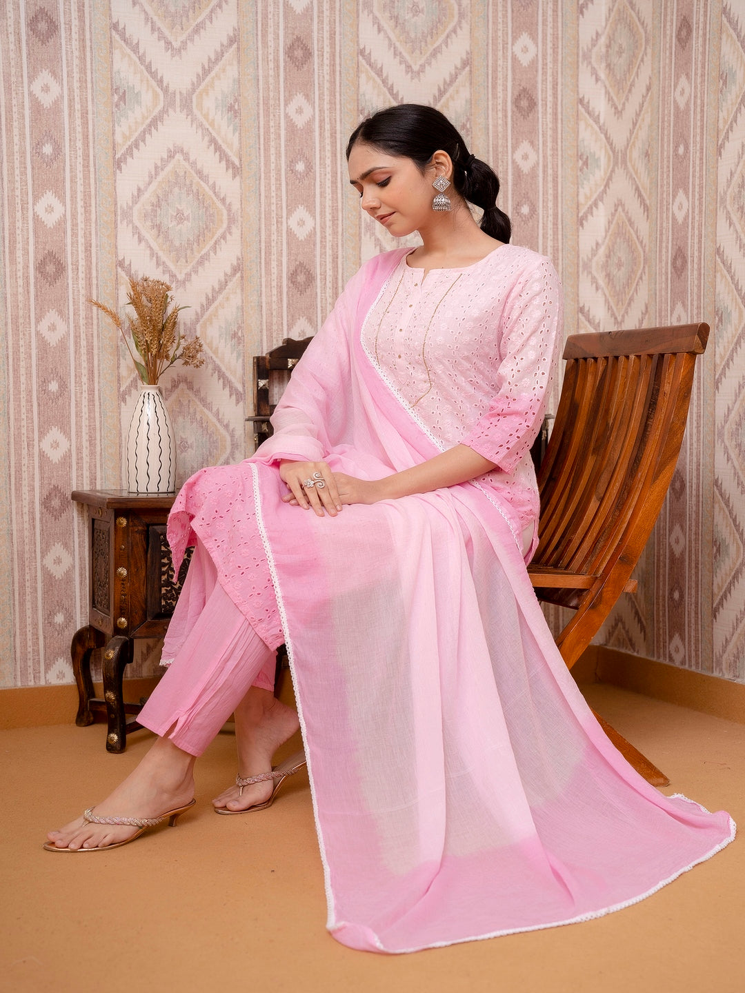 Pink Schiffli Printed Cotton Kurta Straight Set With Dupatta