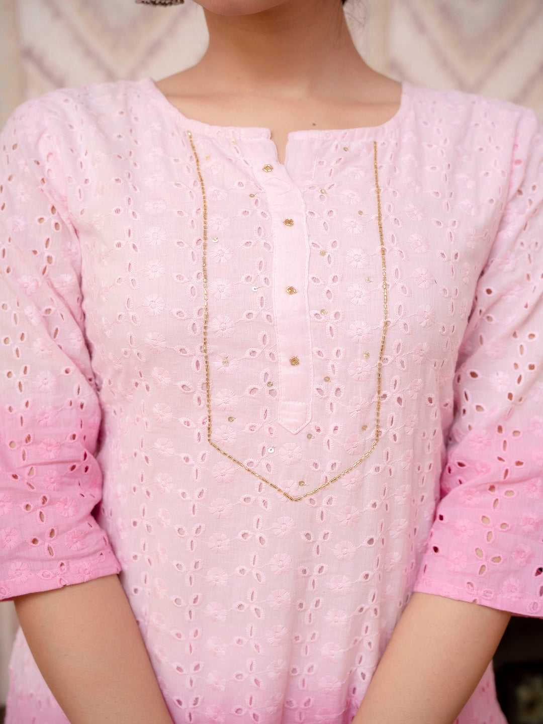 Pink Schiffli Printed Cotton Kurta Straight Set With Dupatta