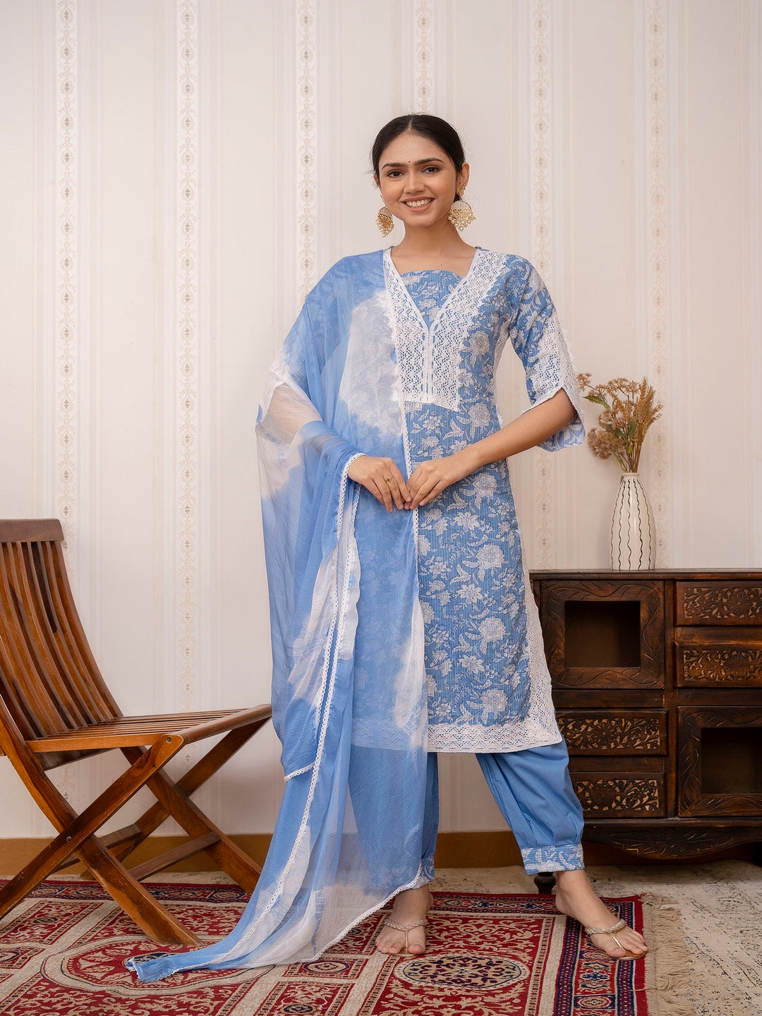 Blue Printed Cotton Straight Kurta Set with Dupatta