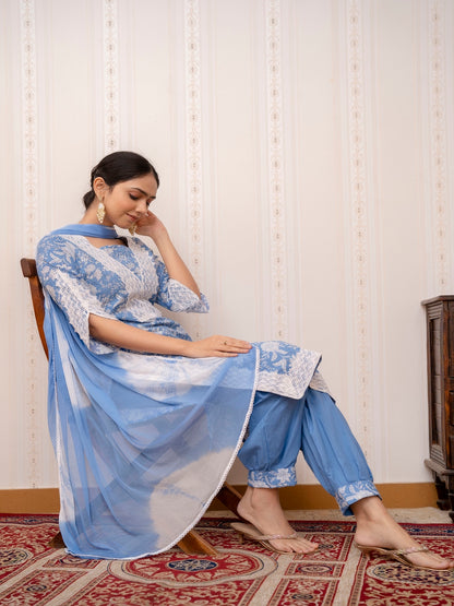 Blue Printed Cotton Straight Kurta Set with Dupatta