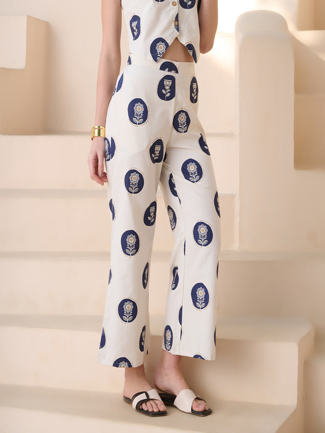 Blue Botanical Printed Cotton Blend Trousers