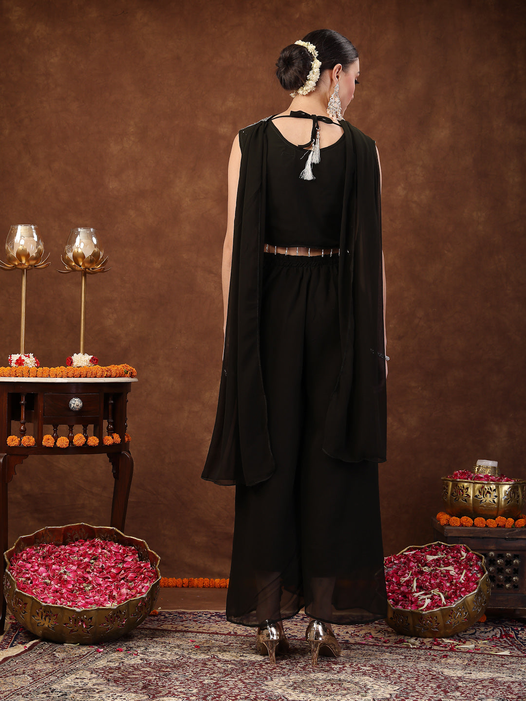 Black Embellished Party Wear Georgette Palazzo & Blouse With Dupatta