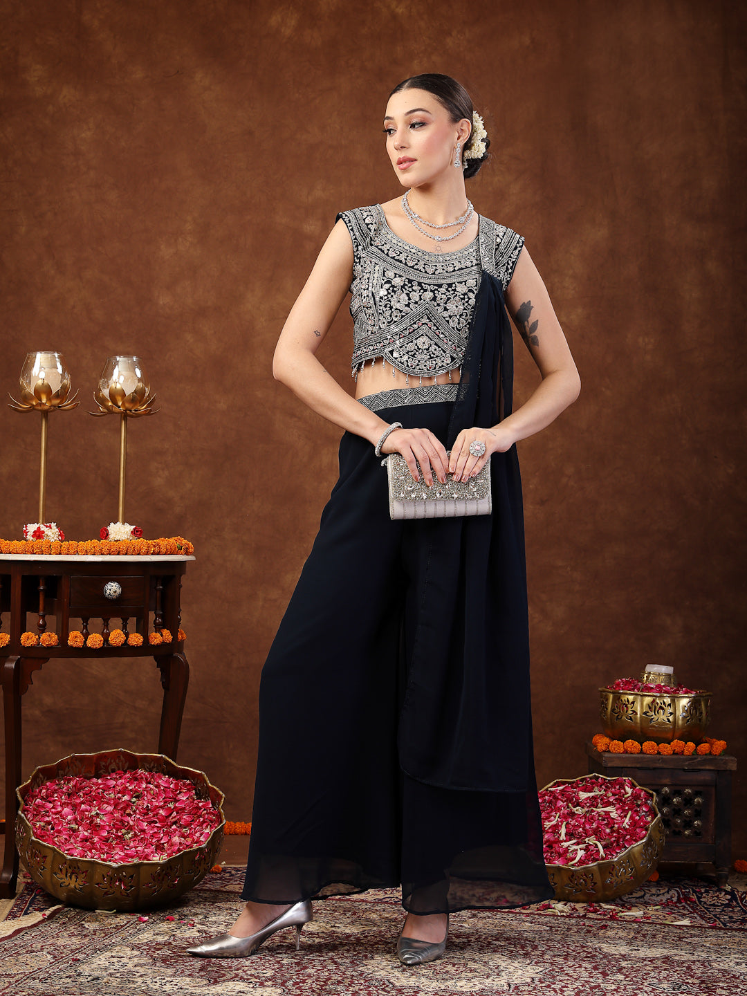 Teal Embellished Party Wear Georgette Palazzo & Blouse With Dupatta