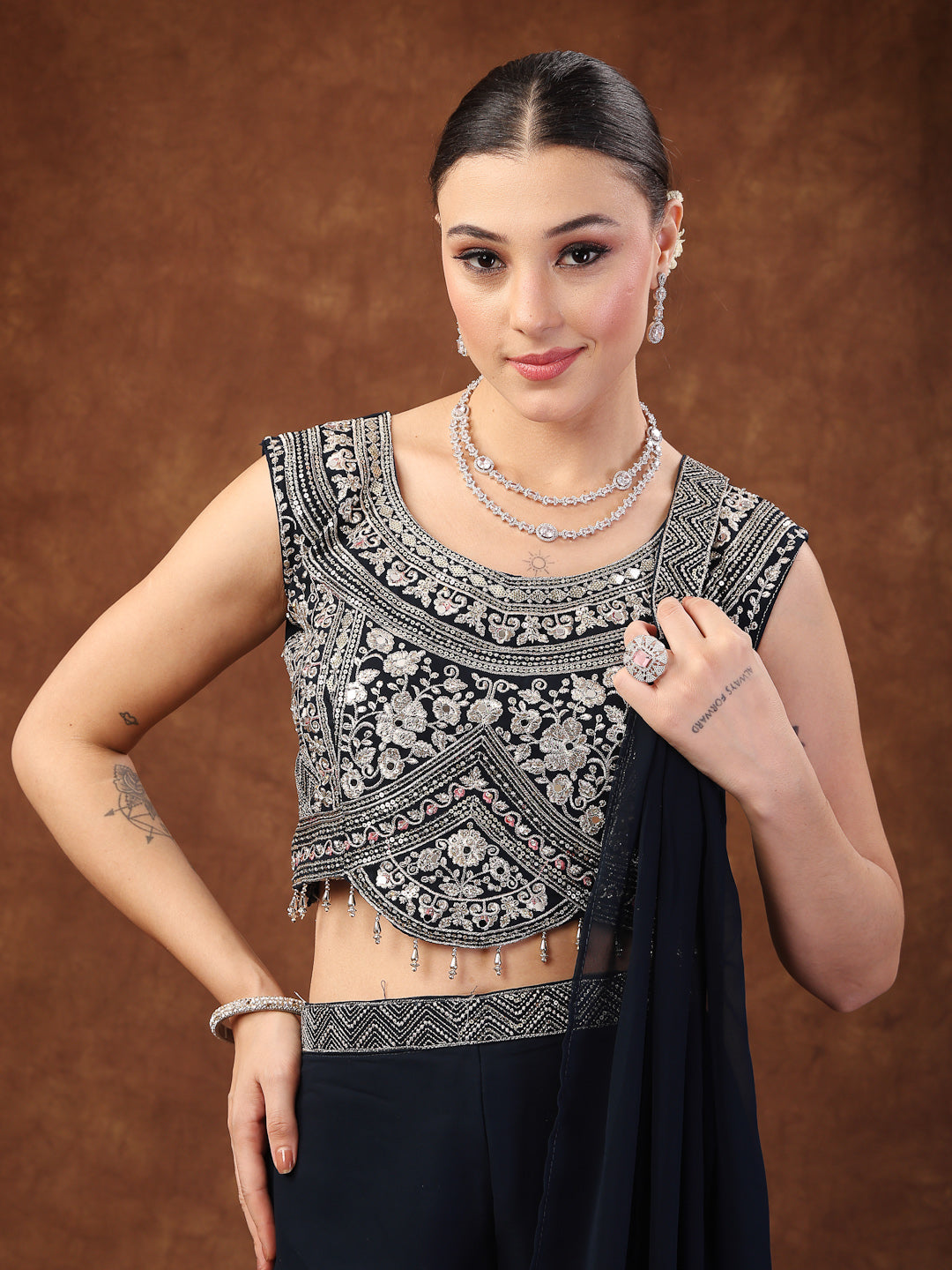 Teal Embellished Party Wear Georgette Palazzo & Blouse With Dupatta