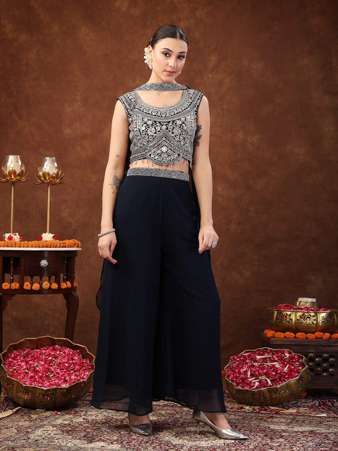 Teal Embellished Party Wear Georgette Palazzo & Blouse With Dupatta