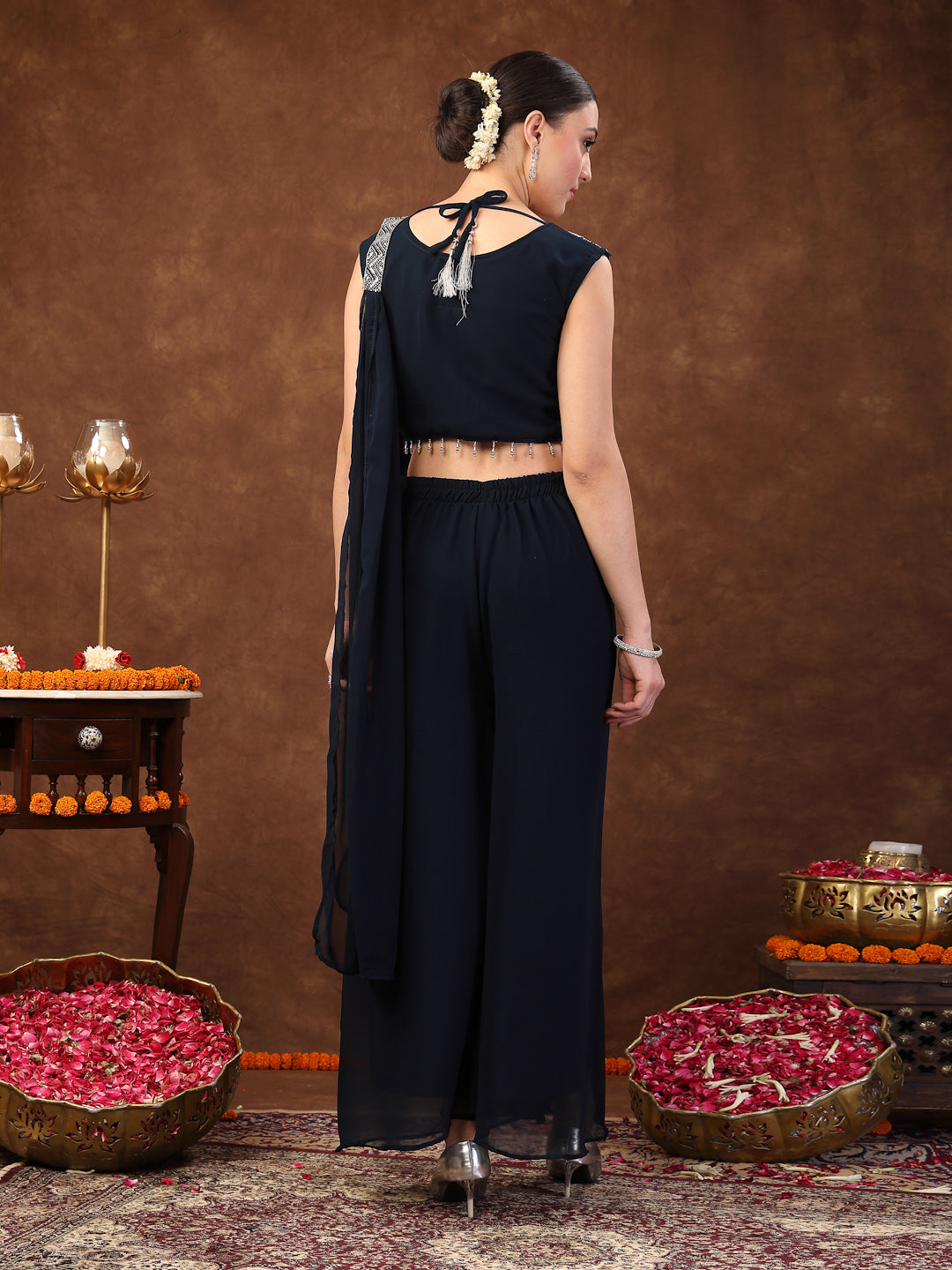 Teal Embellished Party Wear Georgette Palazzo & Blouse With Dupatta